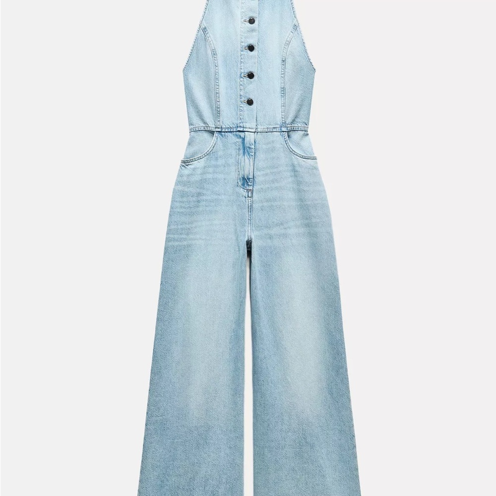Zara Blue Denim Jumpsuit Wide-Leg Sleeveless
